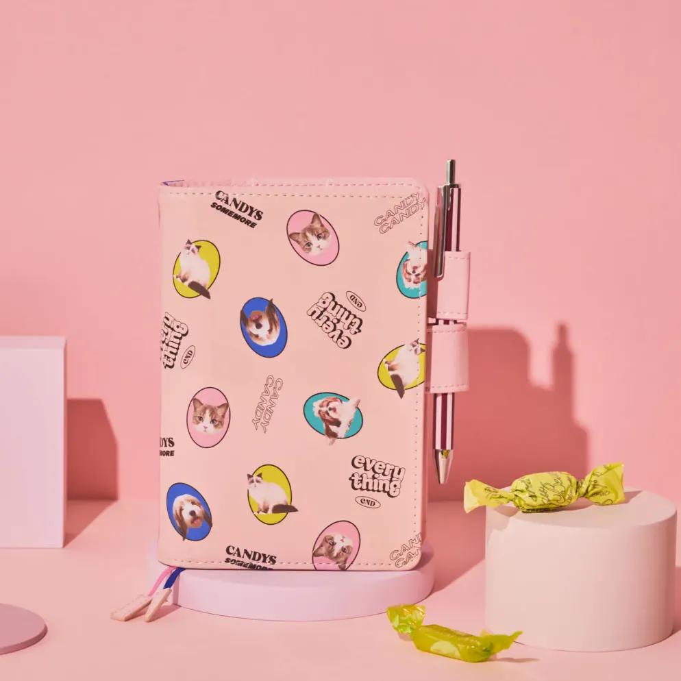 Hobonichi 2026 A6 Planner Cover: Candy Stripper - Random Dog & Cat (Pink)