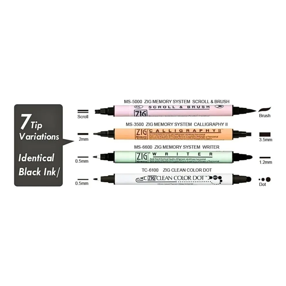 Kuretake ZIG Twin Black Marker Assortment Set - 4 Dual-Tip Pens