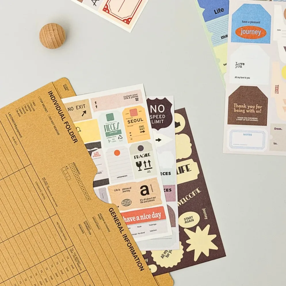 Livework LIFE & PIECES Vintage Label Sticker Set – 6 Sheets Decorative Planner Stickers