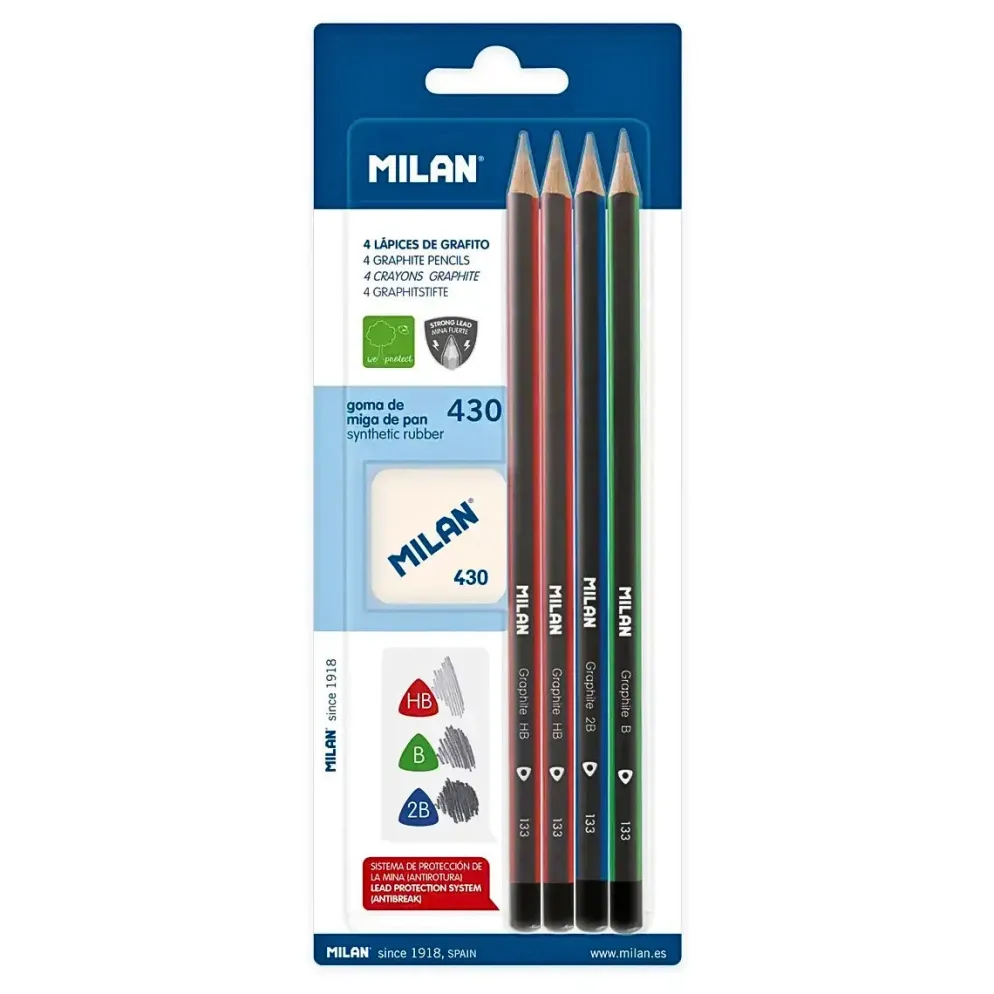 Milan Graphite Pencil Set with 430 Eraser – HB, B & 2B Leads