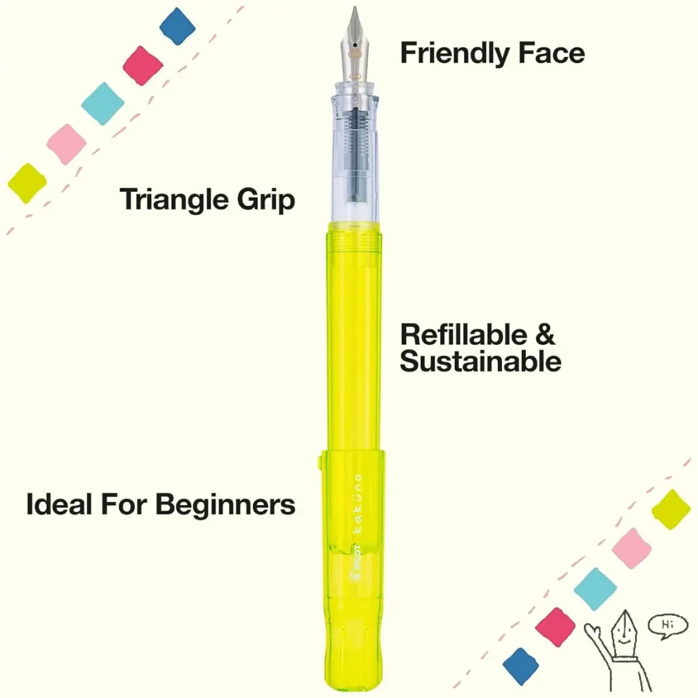 Pilot Kakuno Family Series Fountain Pen – Fine or Medium Nib, Colourful Transparent Barrel