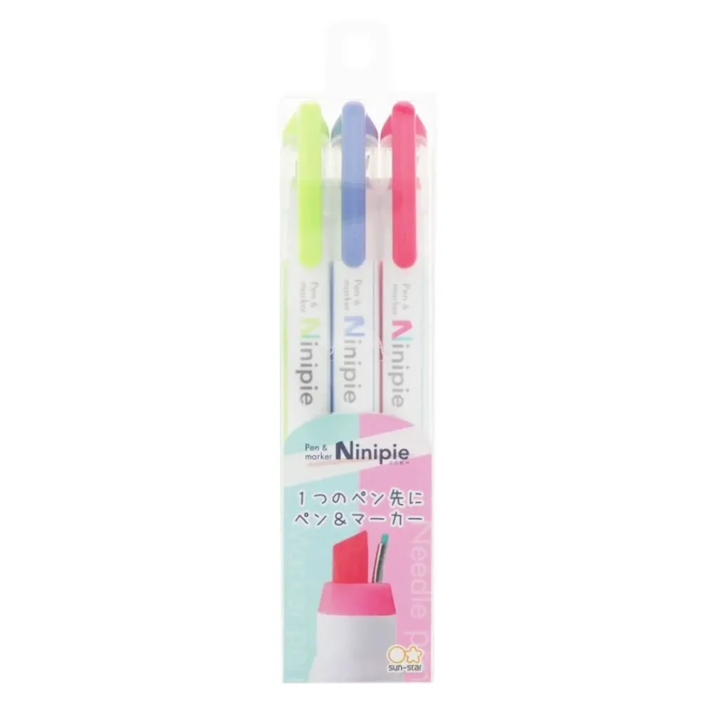 Sun-Star Ninipie 3 Colour Pack – Pastel Highlighter & Fineliner Pen Set
