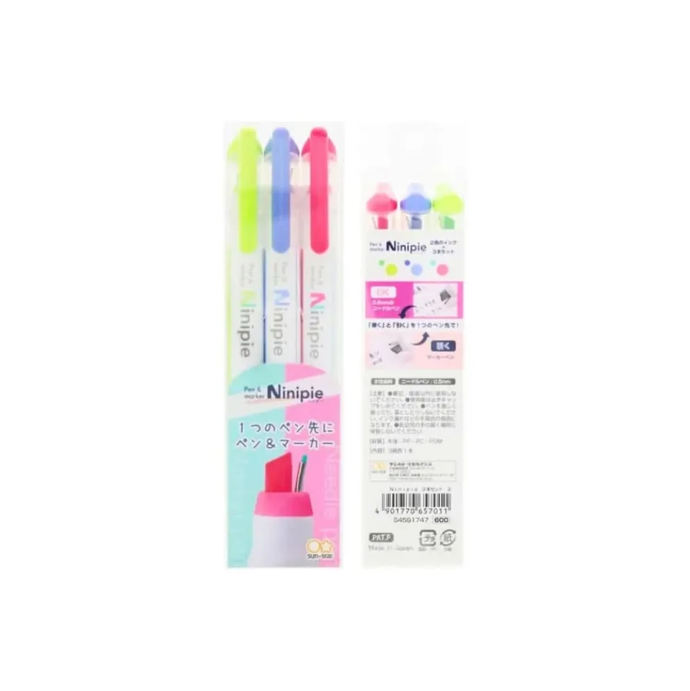 Sun-Star Ninipie 3 Colour Pack – Pastel Highlighter & Fineliner Pen Set