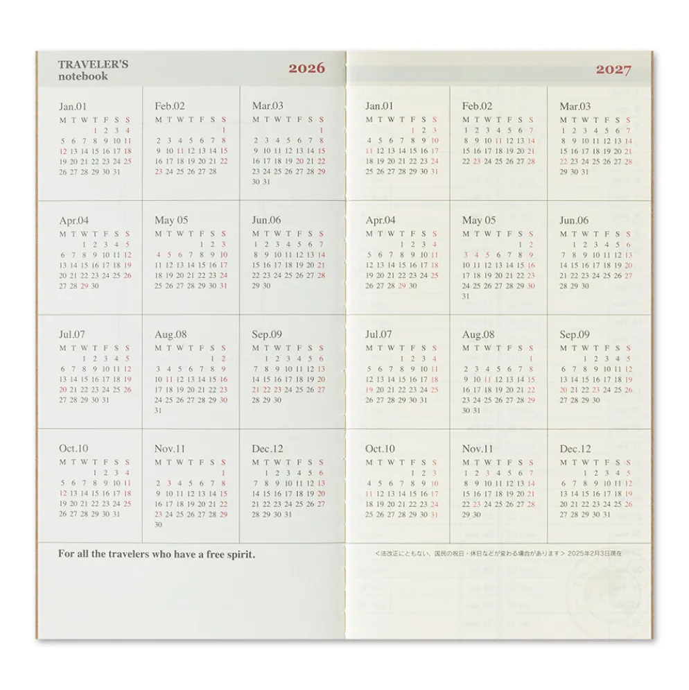 Traveler’s Notebook 2026 Second Half Weekly Vertical Diary – (July to Dec.) Refill