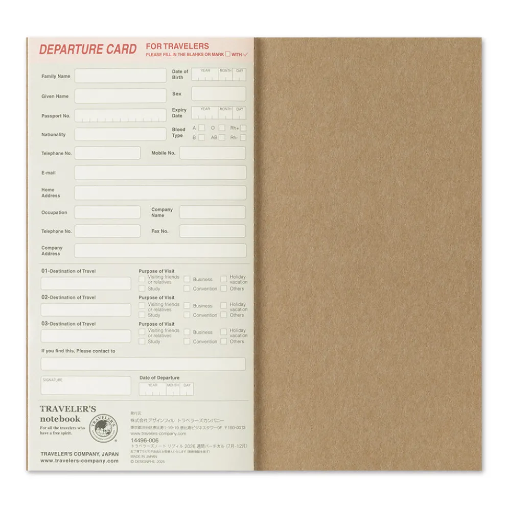 Traveler’s Notebook 2026 Second Half Weekly Vertical Diary – (July to Dec.) Refill