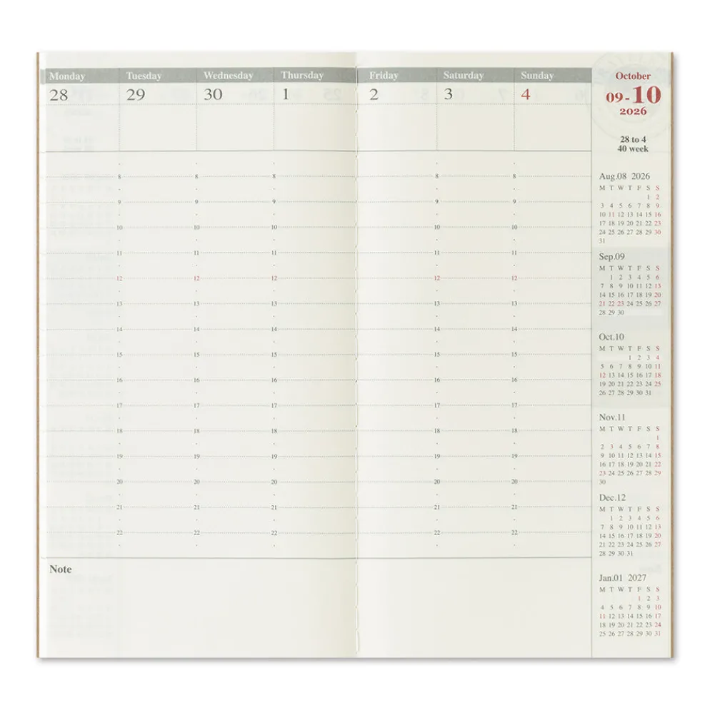 Traveler’s Notebook 2026 Second Half Weekly Vertical Diary – (July to Dec.) Refill