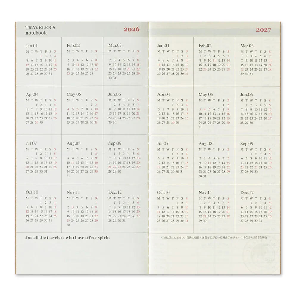 Traveler’s Notebook 2026 Weekly Vertical Diary Refill – Regular Size (Set of 2)