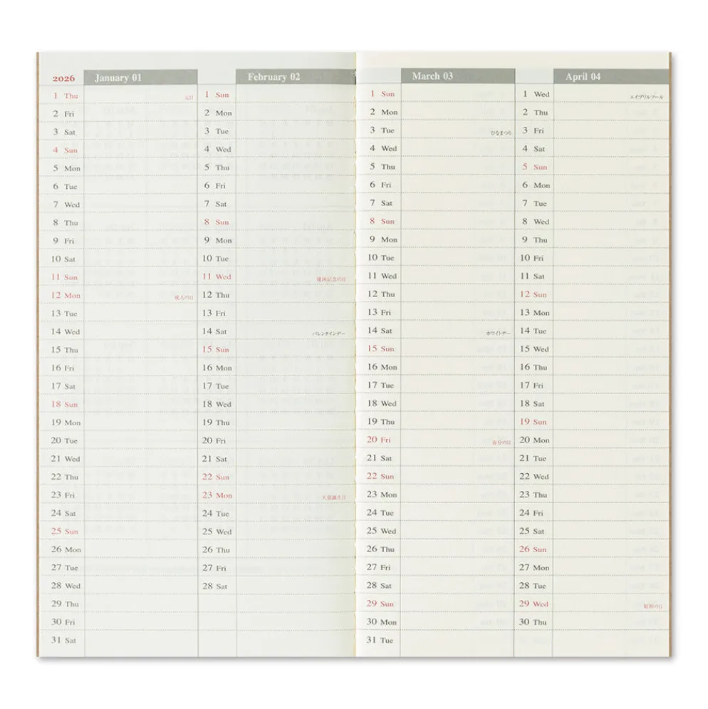 Traveler’s Notebook 2026 Weekly Vertical Diary Refill – Regular Size (Set of 2)